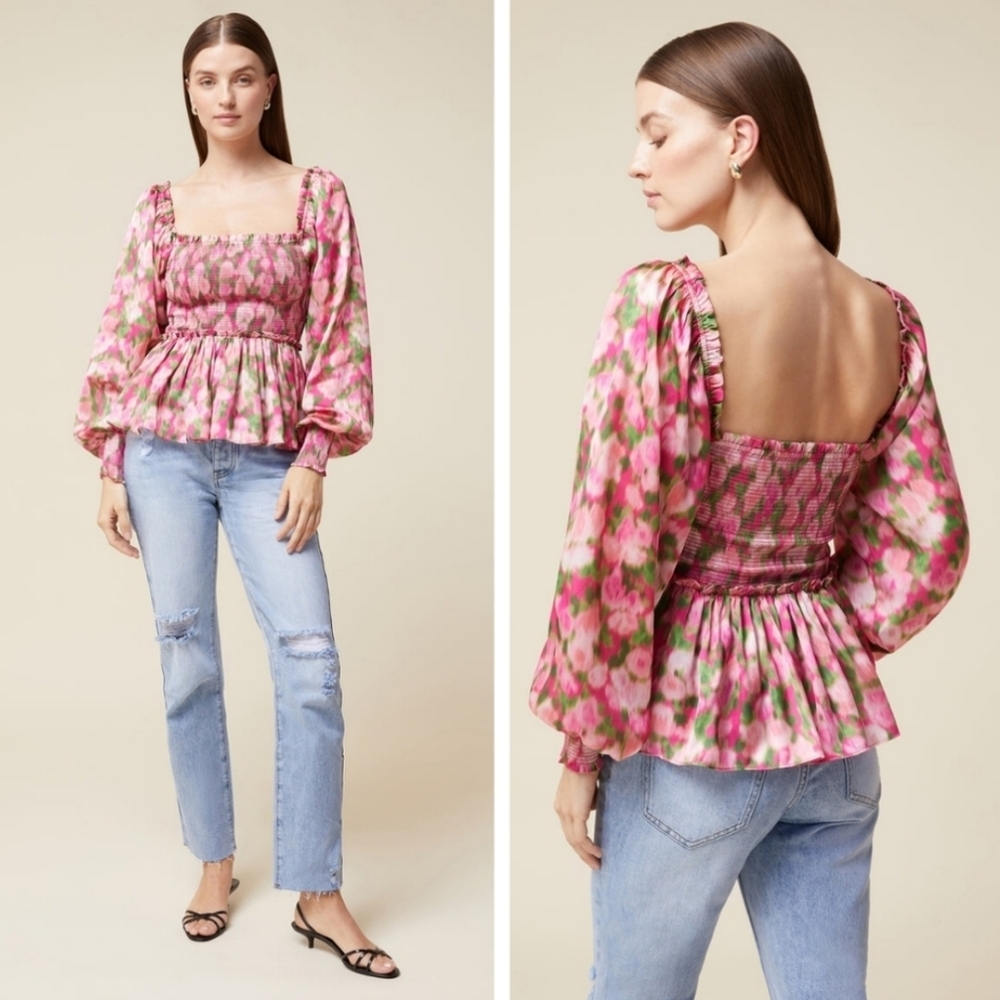 New Rachel Parcell Floral Satin Square Neck Poet Sleeve Smocked Peplum Blouse